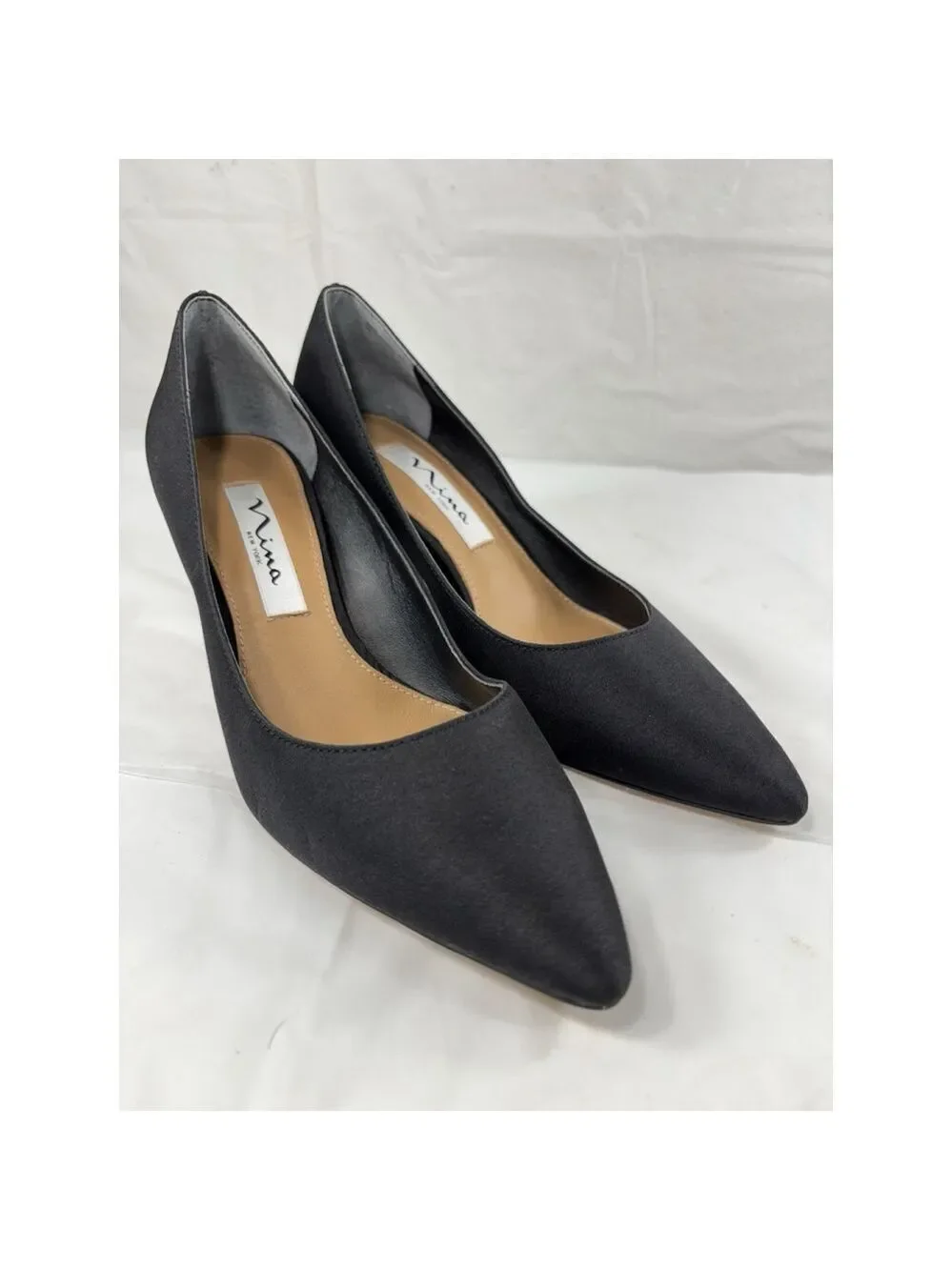 NINA 60-FP Black PEAU Fabric Women’s Pump Dress Shoe Pointy Toe size 6 W